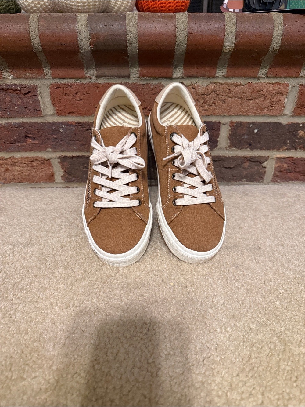 Taos Footwear Brown Canvas Lace-Up Sneakers with Cream Accents